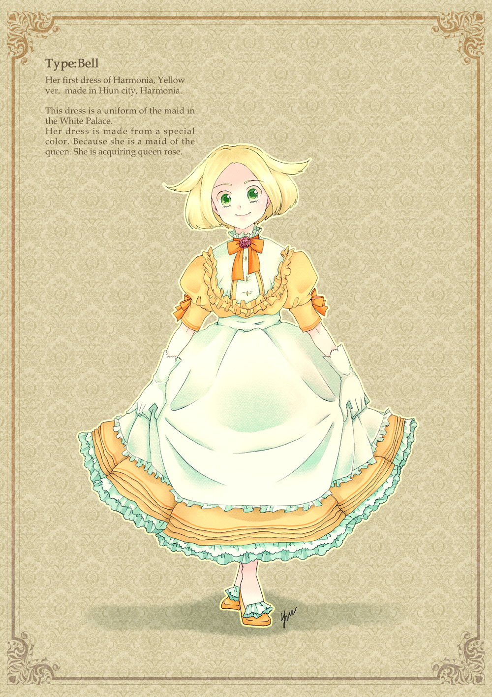 1girl, bel_(pokemon), blonde_hair, breasts, commentary_request, dress, engrish, gloves, green_eyes, hat, highres, medium_hair, ranguage, smile, solo, yue47