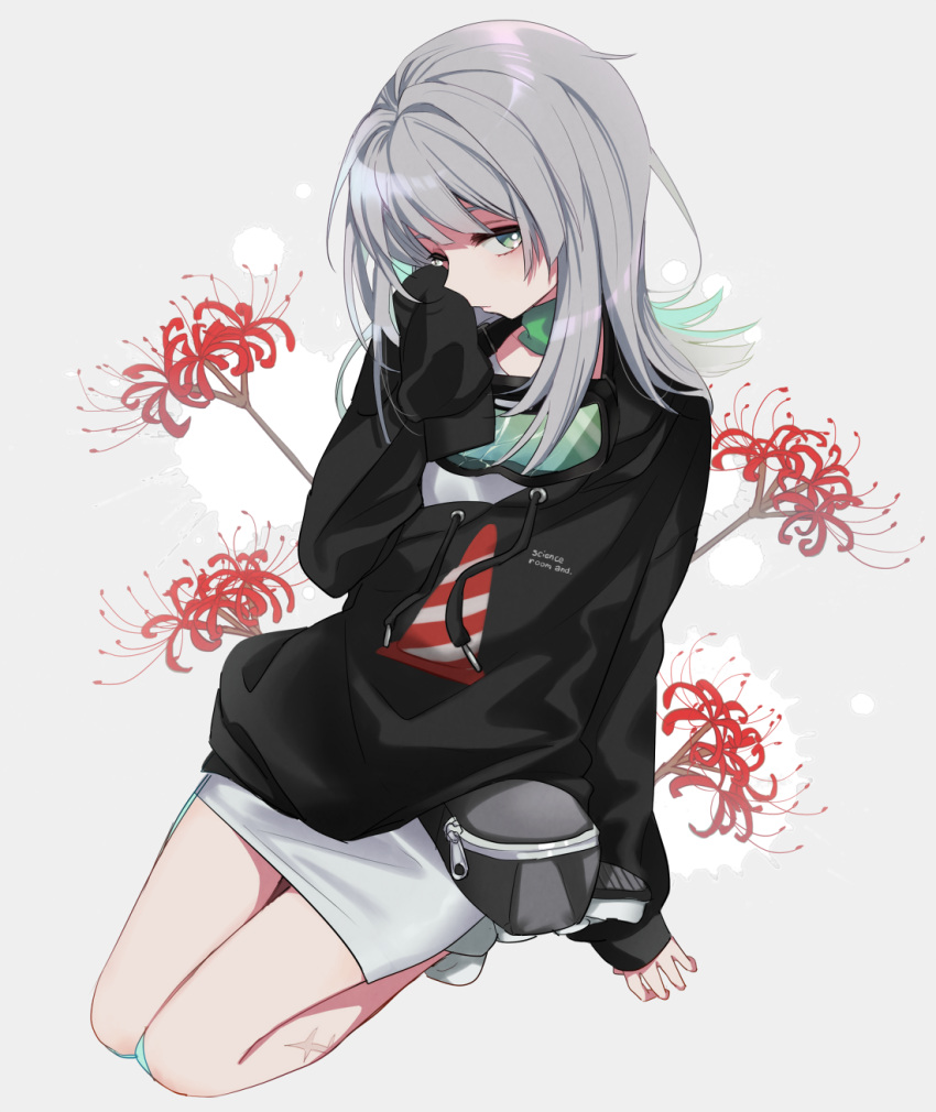 1girl, bangs, black_hoodie, boyano, closed_mouth, commentary_request, drawstring, flower