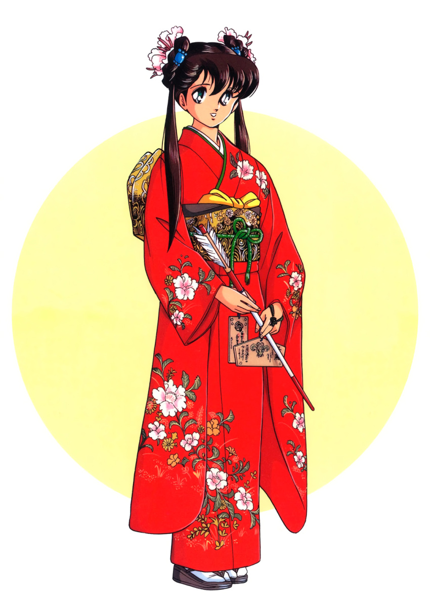 1girl, 90s, arrow, brown_hair, floral_print, flower, full_body, green_eyes