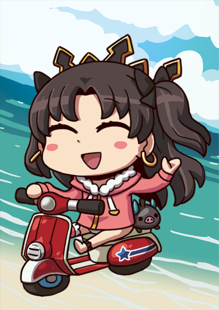 1girl, animal, april_fools, beach, black_hair, blush_stickers, boar, chibi, closed_eyes, clouds, earrings, fate/grand_order, fate_(series), ground_vehicle, gugalanna, happy, ishtar_(fate/grand_order), ishtar_(swimsuit_rider)_(fate), jewelry, long_hair, motor_vehicle, official_art, riyo_(lyomsnpmp), scooter, solo, swimsuit, tiara, tohsaka_rin, two_side_up, water