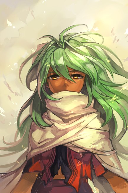 1girl, antenna_hair, brown_eyes, cape, covered_mouth, dark_skin, emerada_(xenogears), green_hair