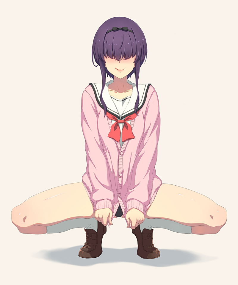 1girl, :q, black_panties, blush, brown_background, brown_footwear, cardigan, closed_mouth