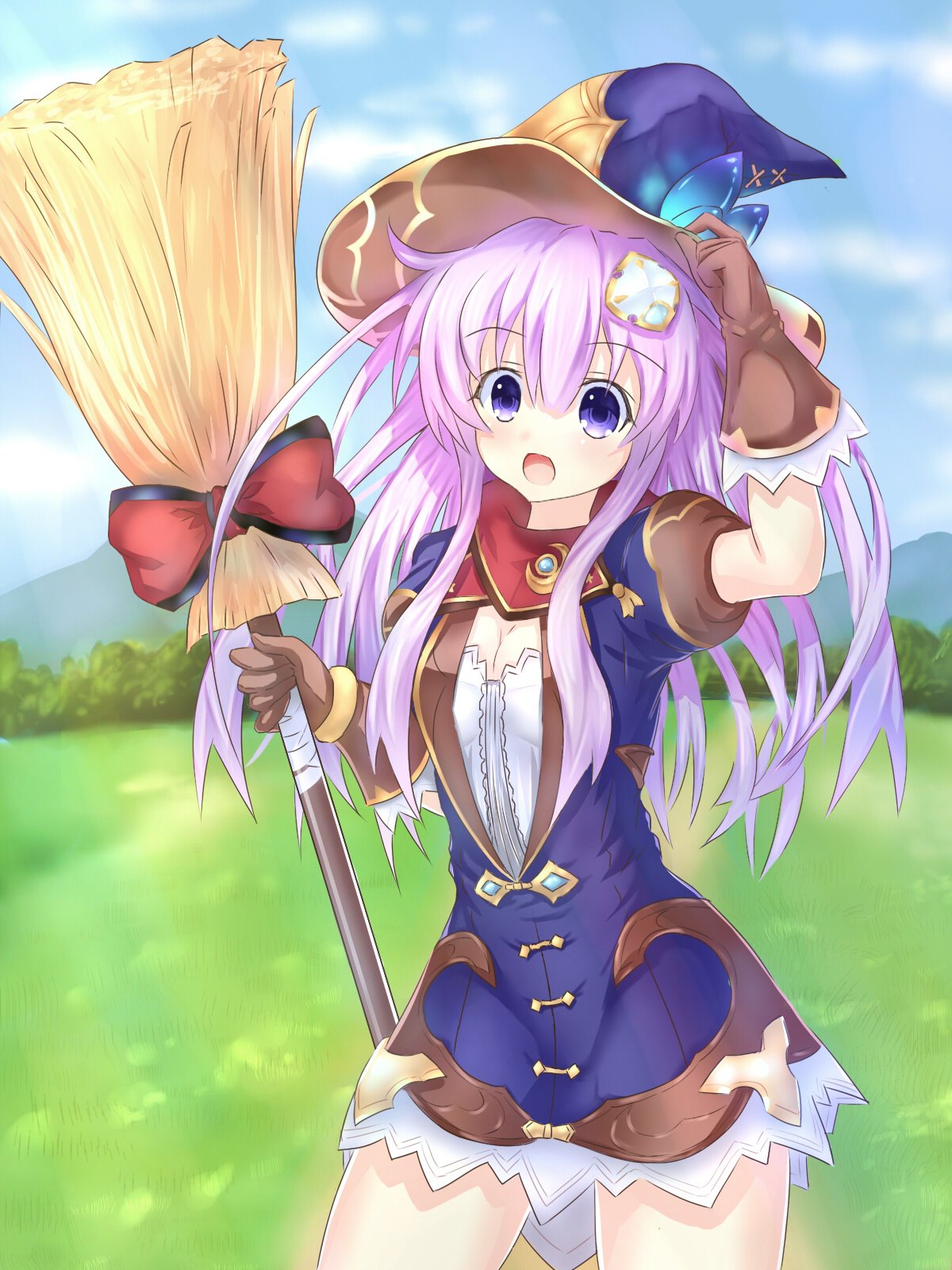 blue_skirt, blue_sky, broom, four_goddesses_online:_cyber_dimension_neptune, gloves, grasslands, hat, highres