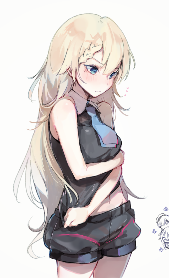 1girl, 3girls, alternate_costume, arm_across_waist, baggy_shorts, bangs, bare_arms, bare_shoulders