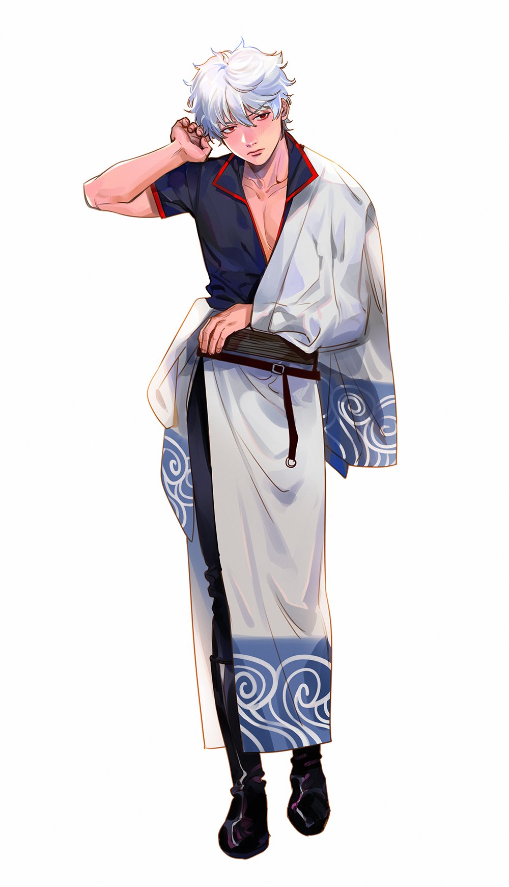 1boy, annoyed, belt, black_footwear, boots, closed_mouth, full_body, gintama