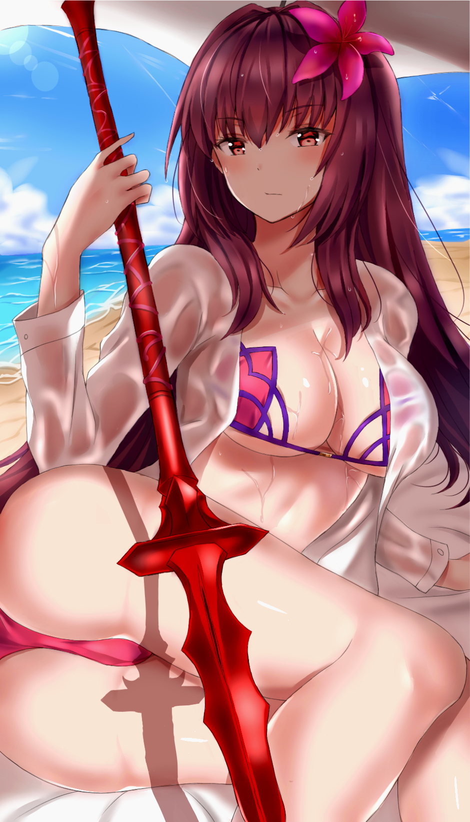 1girl, ass, beach, bikini, blue_sky, breasts, cleavage, day