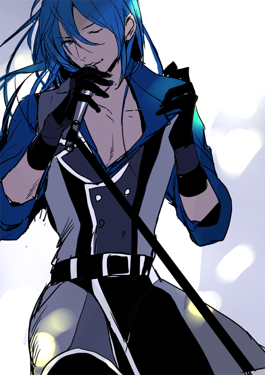 blue_hair, idol, idolish_7, kitazawa_k, male_focus, one_eye_closed, oogami_banri, pectorals