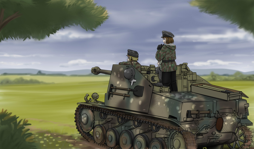 absurdres, axe, binoculars, caterpillar_tracks, clouds, day, grass, ground_vehicle, highres, marder_ii, military, military_vehicle, millimeter, motor_vehicle, original, pickaxe, scenery, sky, tank_destroyer, world_war_ii