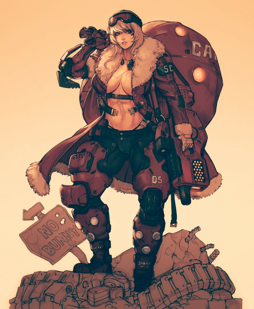 1girl, abs, black_footwear, black_pants, breasts, cleavage, coat, cyberpunk