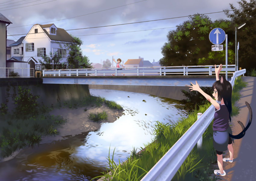 black_hair, bridge, cat_ears, guard_rail, house, multi_tail, multiple_tails, nekomata, nishi, original, outdoors, road, road_sign, sakenotorii, scenery, sign, stream, street, tail, town, water, wave, waving