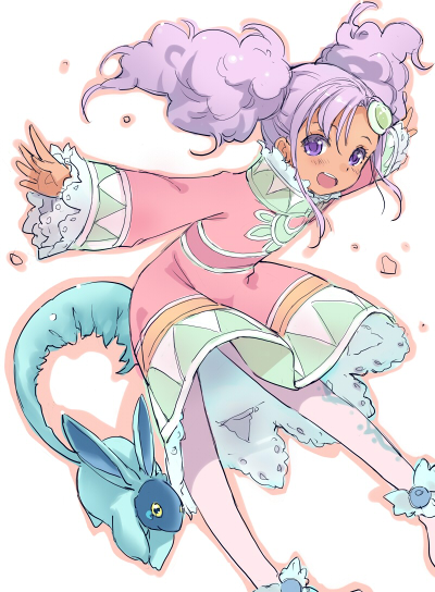 1girl, :d, big_hair, creature, dark_skin, deyuuku, dress, forehead_jewel