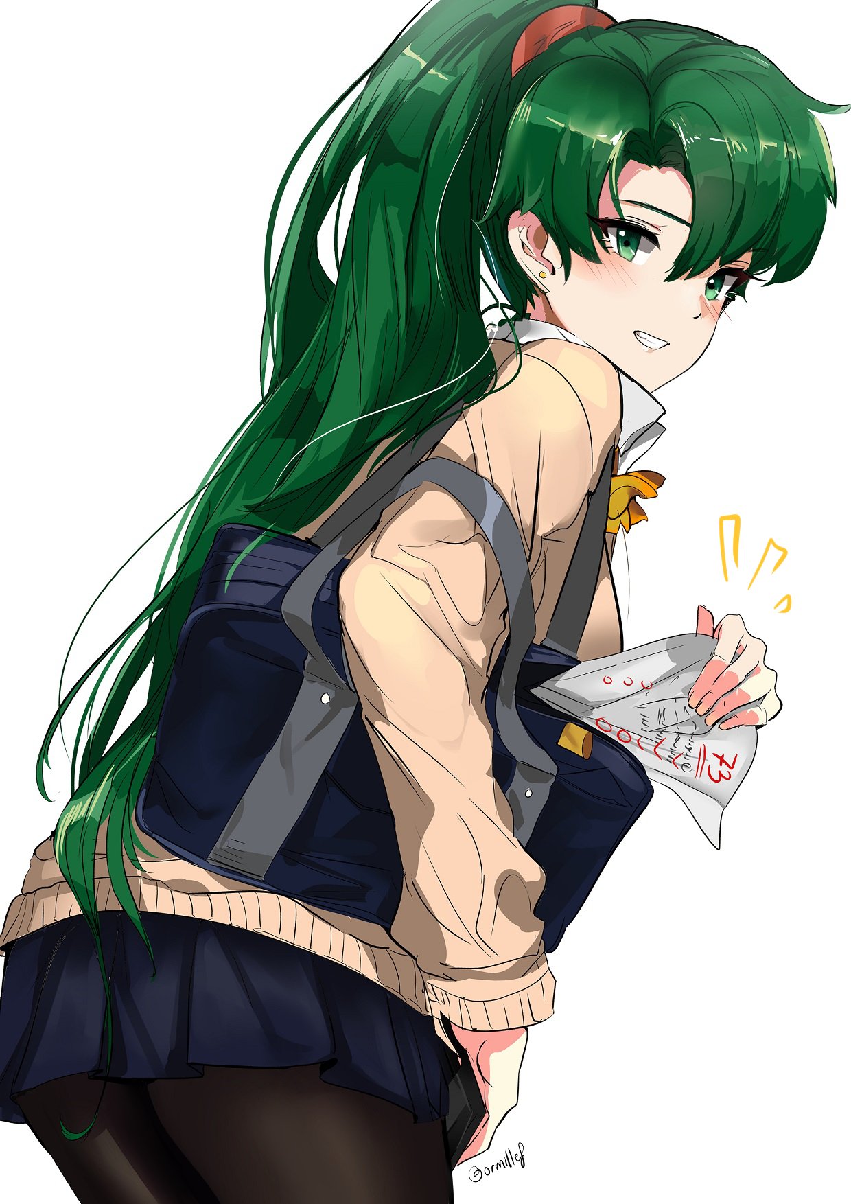 1girl, blush, breasts, fire_emblem, fire_emblem:_rekka_no_ken, green_eyes, green_hair, high_ponytail, highres, long_hair, looking_at_viewer, lyndis_(fire_emblem), nag, neckerchief, open_mouth, ormille, pleated_skirt, ponytail, school_uniform, serafuku, simple_background, skirt, smile, solo, test, v, very_long_hair