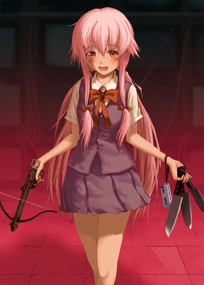 bow_(weapon), cellphone, crossbow, gasai_yuno, ikagawa, knife, long_hair, mirai_nikki, phone, pink_hair, quzilax, school_uniform, skirt, weapon, yandere