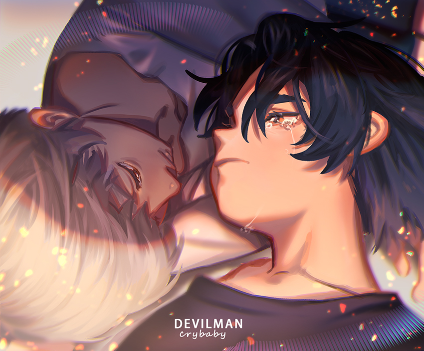 2boys, asuka_ryou, black_hair, blonde_hair, blurry, brant0815, chromatic_aberration, close-up