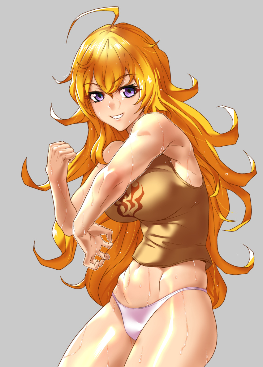 1girl, :d, ahoge, bare_arms, blonde_hair, breasts, cleavage, don_(rg06268), flying_sweatdrops, half-closed_eyes, highres, large_breasts, long_hair, looking_at_viewer, messy_hair, navel, open_mouth, panties, rwby, smile, stomach, sweat, sweating, sweating_profusely, tank_top, underwear, very_long_hair, violet_eyes, wet, yang_xiao_long