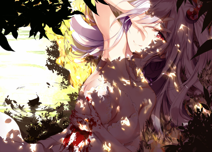 1girl, bare_shoulders, blood, breasts, cleavage, closed_mouth, commentary_request, dappled_sunlight