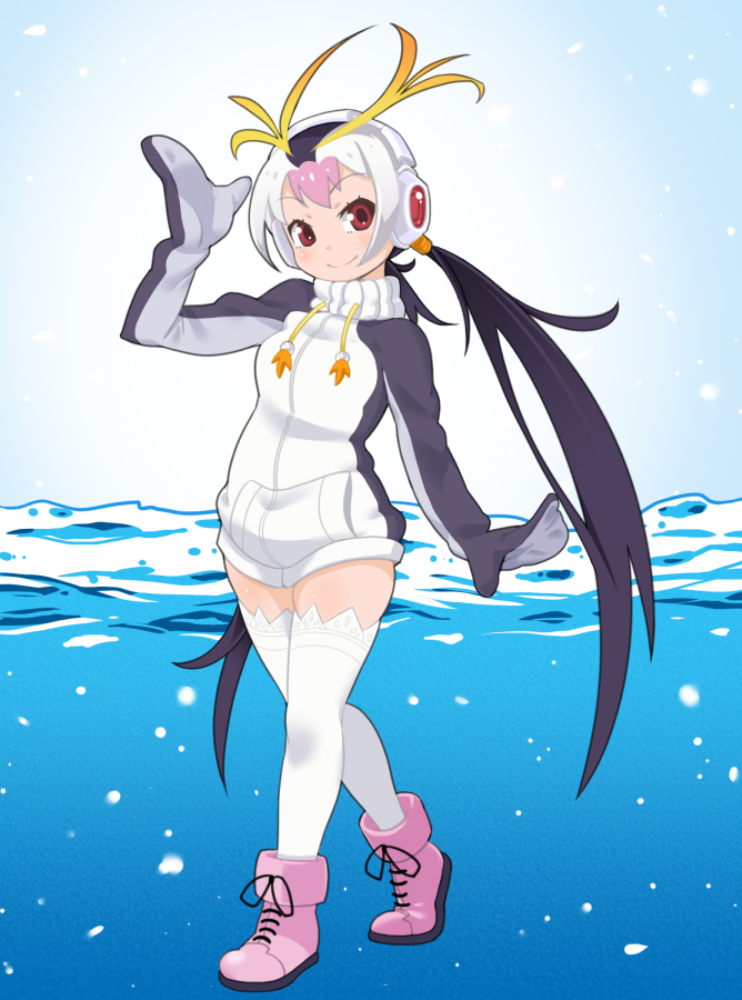 1girl, black_hair, blush, boots, drawstring, emil_(fafa), full_body, headphones