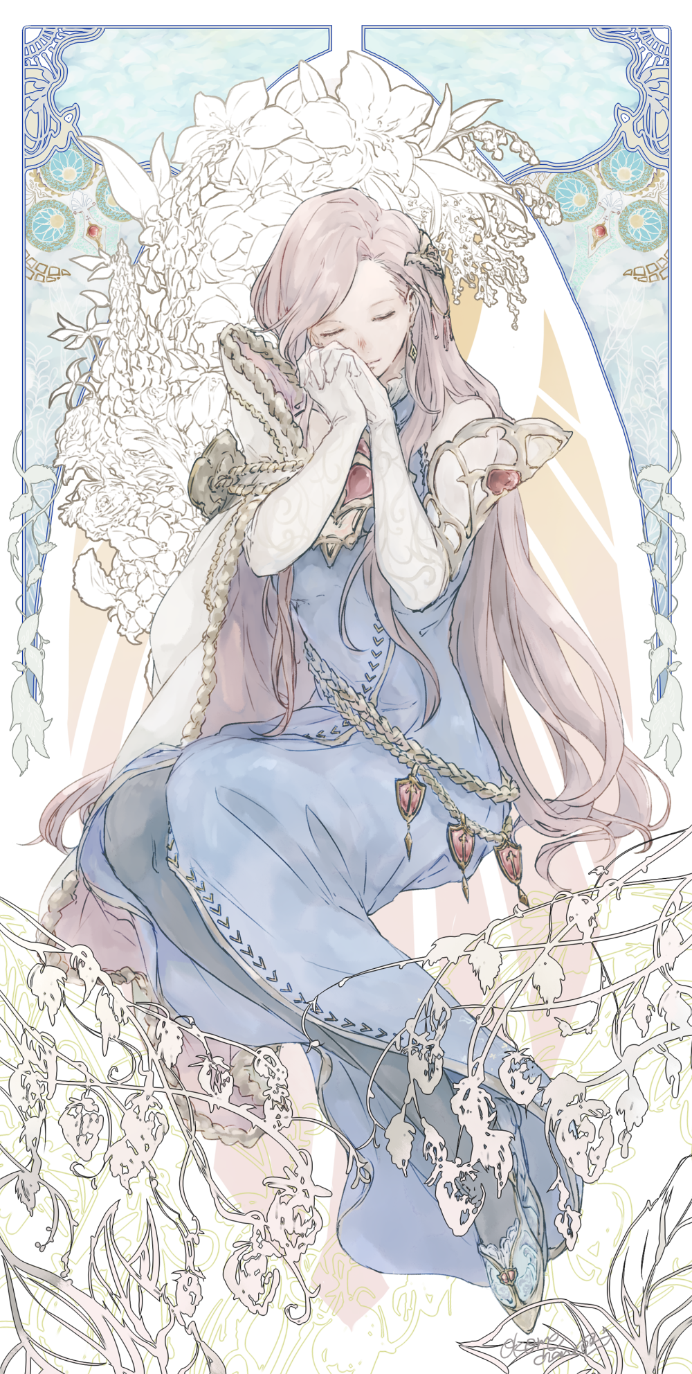 1girl, art_nouveau, artist_name, bare_shoulders, blue_dress, brown_hair, cape, closed_eyes