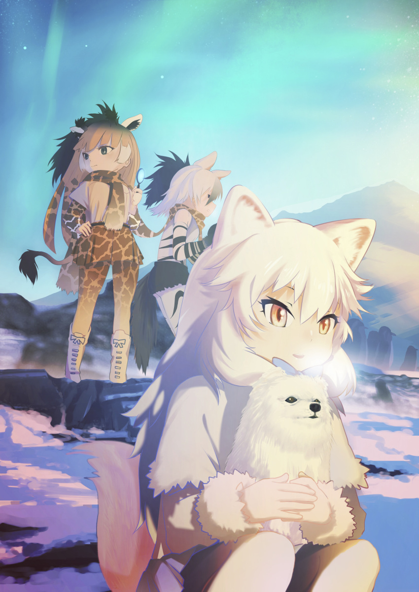 3girls, aardwolf_(kemono_friends), aardwolf_ears, aardwolf_tail, absurdres, animal, animal_ears, arctic_fox_(kemono_friends)