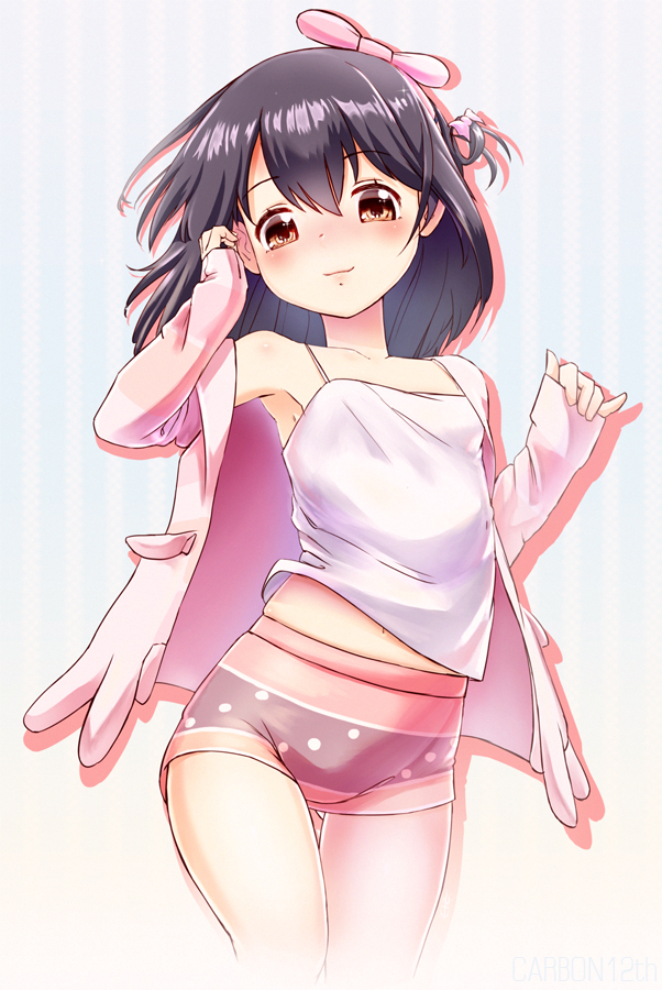 1girl, bangs, bare_shoulders, black_hair, blush, bow, brown_eyes, camisole