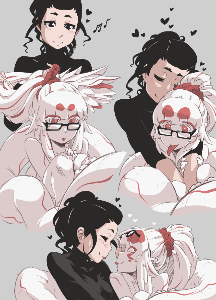 2girls, :p, ad-6-0001a, alien, alternate_hairstyle, black-framed_eyewear, black_eyes, black_hair