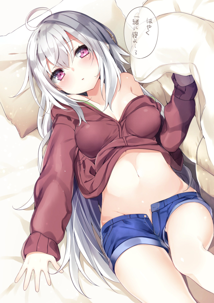1girl, absurdres, blush, highres, kamioka_shun'ya, long_hair, midriff, navel, off_shoulder, original, pink_eyes, short_shorts, shorts, silver_hair, unbuttoned