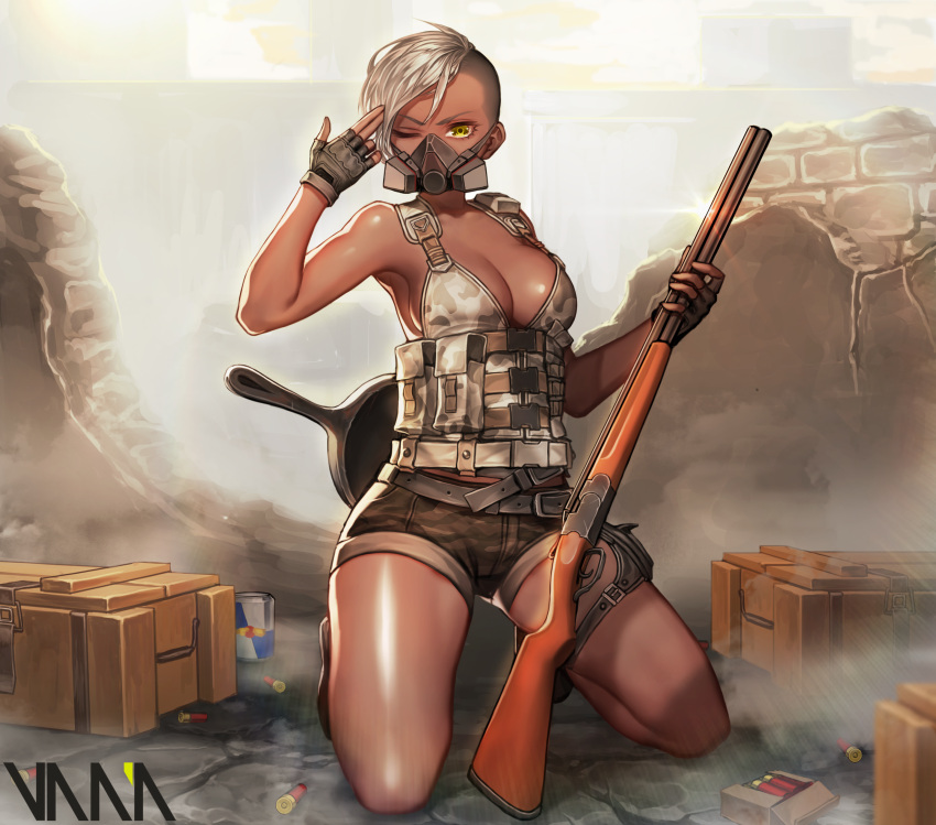 1girl, absurdres, artist_name, belt, breasts, crate, dark_skin, energy_drink, finger_gun_to_head, fingerless_gloves, frying_pan, gas_mask, gloves, gun, highres, kneeling, medium_breasts, one_eye_closed, original, outdoors, pouch, rubble, shorts, shotgun, shotgun_shells, thigh_strap, vana, weapon, white_hair, yellow_eyes