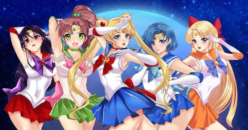 5girls, :d, aino_minako, arion_canvas, arm_up, bishoujo_senshi_sailor_moon, black_hair, blonde_hair