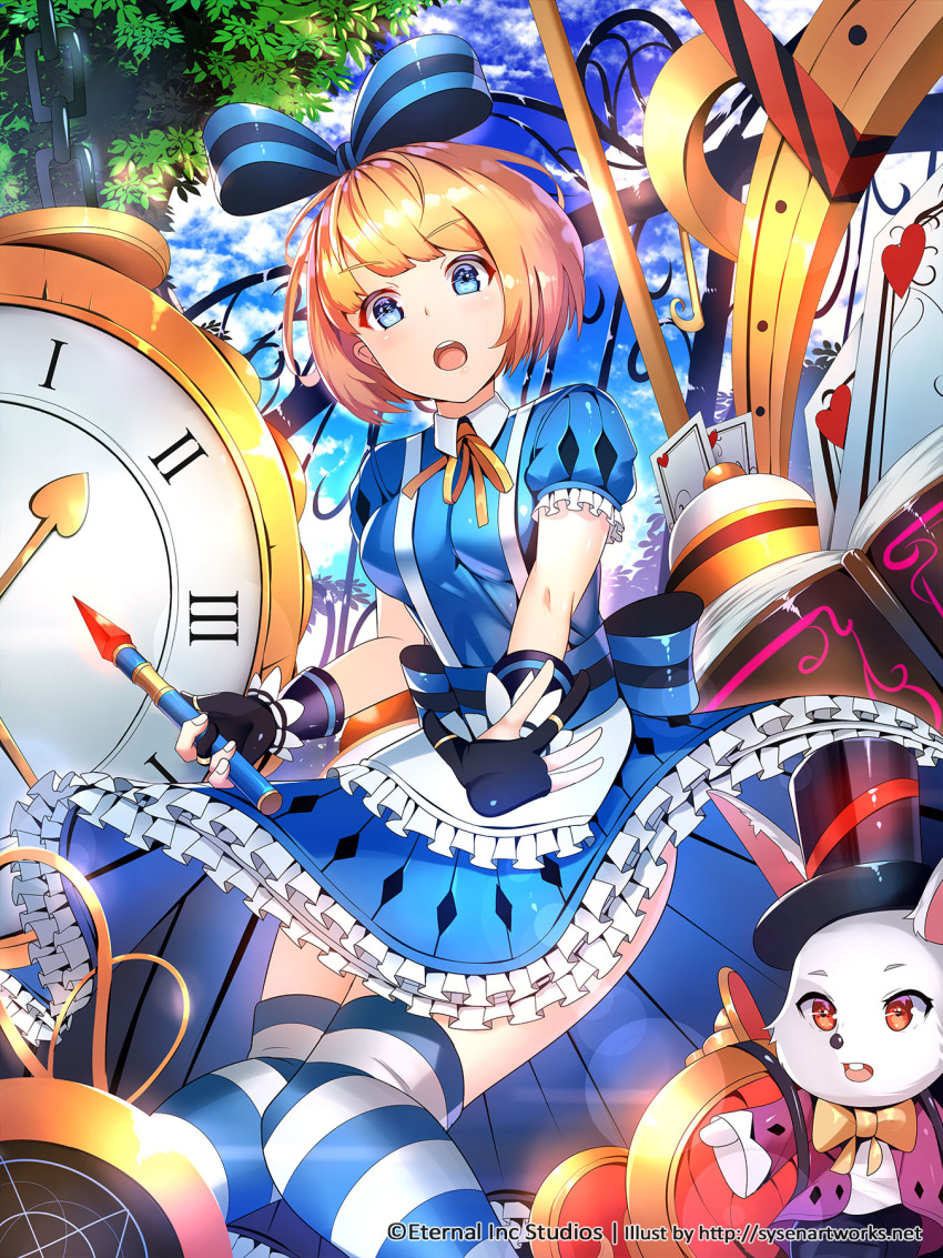 1girl, alice_(wonderland), alice_in_wonderland, apron, black_gloves, blonde_hair, blue_dress, blue_eyes, bow, breasts, card, clock, commentary, day, dress, eternal_wars, eyebrows_visible_through_hair, frills, gloves, hair_bow, highres, knees_together_feet_apart, medium_breasts, official_art, open_mouth, partly_fingerless_gloves, petticoat, puff_and_slash_sleeves, puffy_sleeves, rabbit, solo_focus, striped, striped_legwear, suspenders, sysen, thigh-highs, waist_apron, watermark, web_address