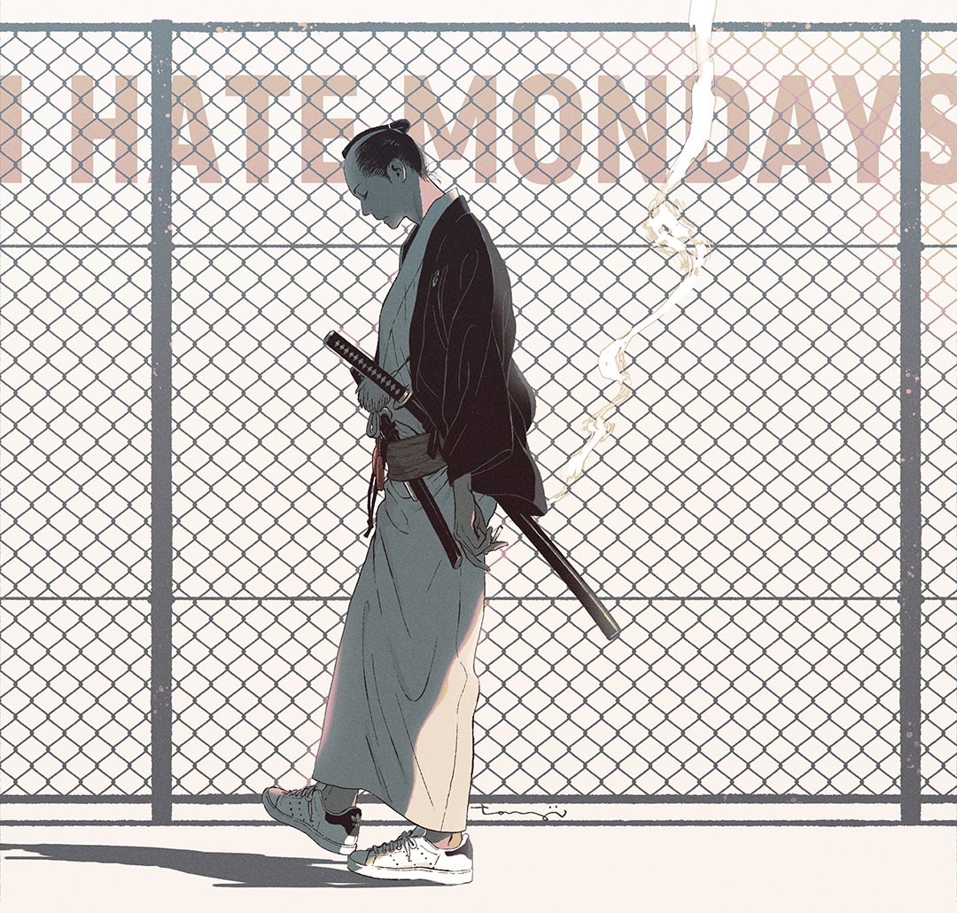 1boy, adidas, black_hair, chain-link_fence, chonmage, cigarette, closed_eyes, commentary