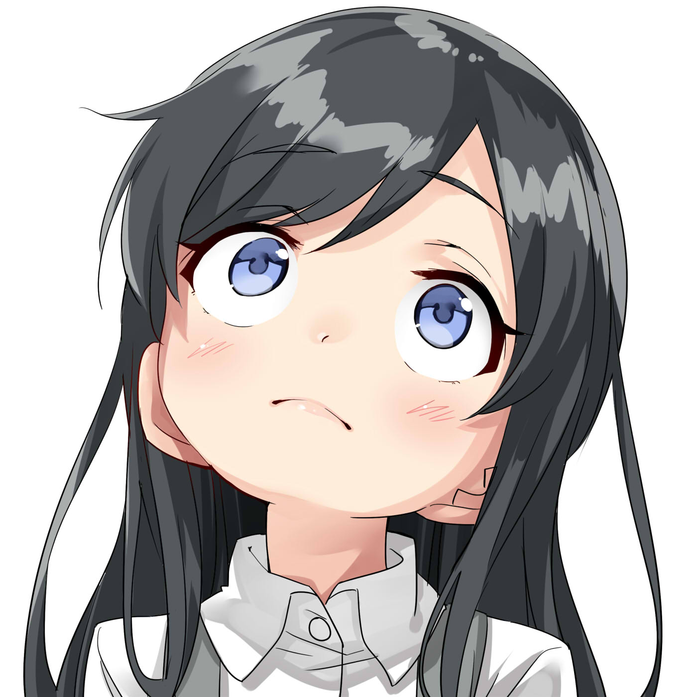 1girl, a.i._channel, asashio_(kantai_collection), black_hair, blue_eyes, commentary, ebifurya, highres, install!, kantai_collection, long_hair, looking_up, parody, school_uniform, shirt, white_shirt