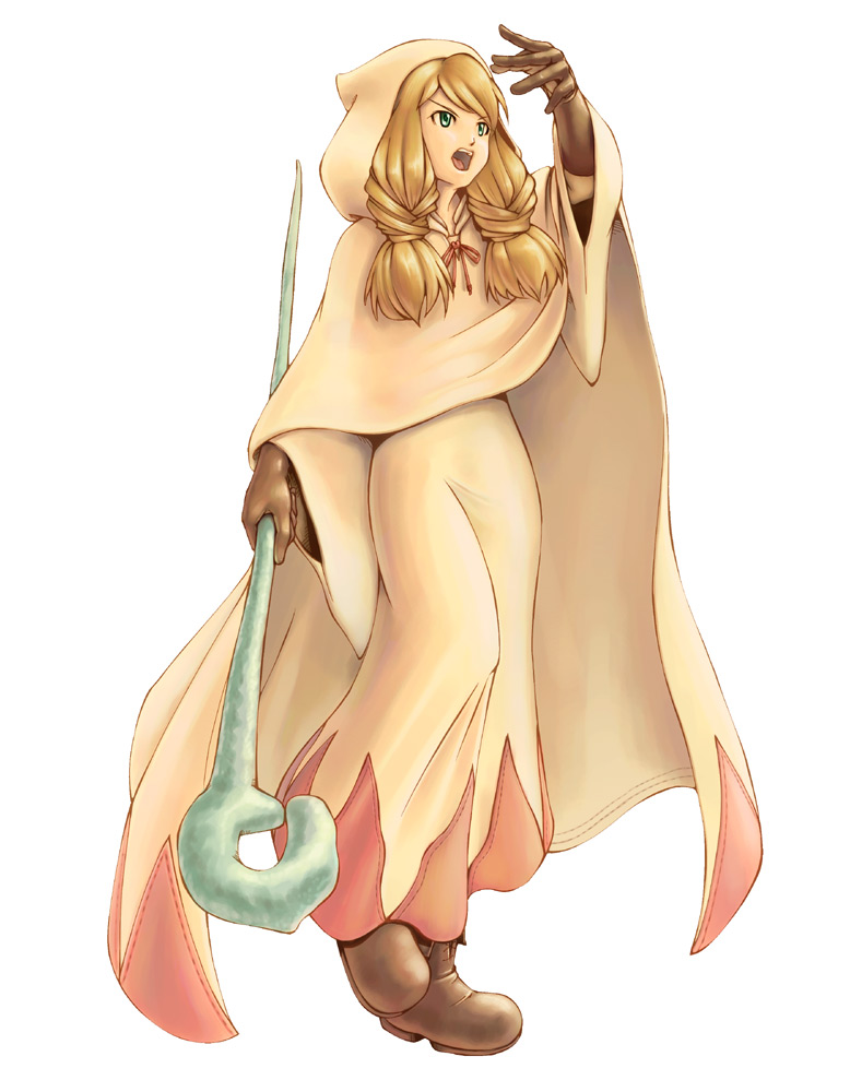 blonde_hair, boots, final_fantasy, final_fantasy_tactics, gloves, green_eyes, momigara_(mmgrkmnk), nawashiro, robe, simple_background, solo, staff, white_mage, white_mage_(fft)