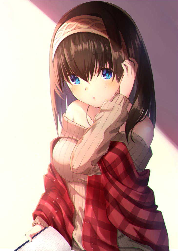adjusting_hair, bare_shouldes, blue_eyes, book, brown_hair, brown_sweater, cotrpopor, hair_between_eyes