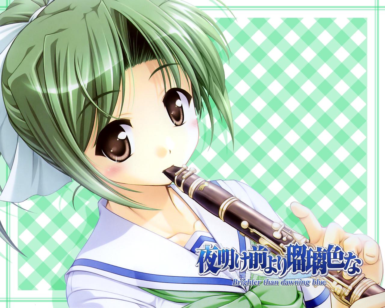 blush, brown_eyes, clarinet, green_hair, hair_ribbon, instrument, jpeg_artifacts, ponytail