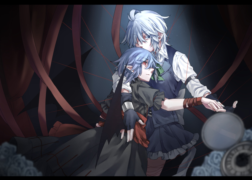 2girls, ahoge, alternate_costume, bat_wings, black_dress, black_gloves, blue_hair, blue_skirt