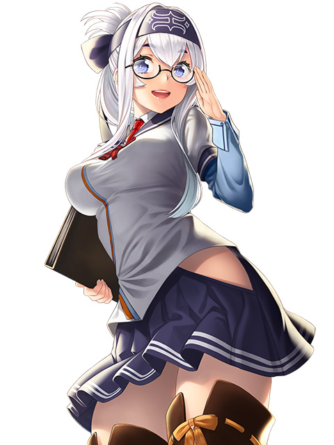 1girl, :d, black-framed_eyewear, blue_eyes, blue_headband, blue_sailor_collar, blue_shirt, blue_skirt