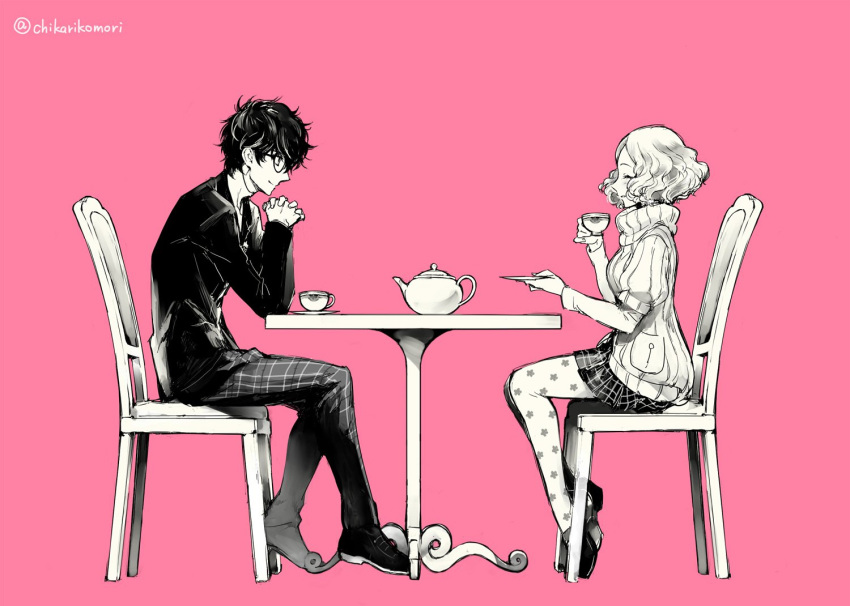 1boy, 1girl, amamiya_ren, blazer, chair, chikariya, closed_eyes, cup
