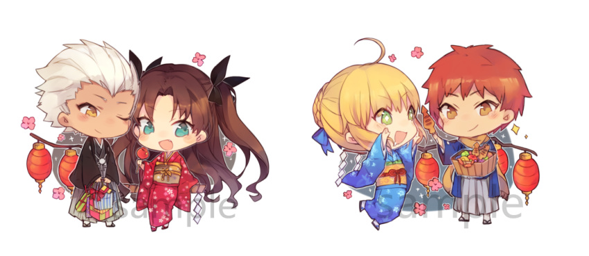 2boys, 2girls, ahoge, aqua_eyes, archer, artoria_pendragon_(all), black_hair, blonde_hair, brown_eyes, candy_apple, chibi, emiya_shirou, fate/stay_night, fate_(series), floral_print, food, green_eyes, hair_bun, hair_ribbon, hakama, japanese_clothes, kimono, lantern, long_hair, long_sleeves, multiple_boys, multiple_girls, paper_lantern, petals, print_kimono, redhead, ribbon, saber, saku_(l714884548), sandals, sash, short_hair, silver_hair, smile, tohsaka_rin, two_side_up, yukata