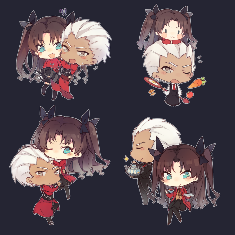 1boy, 1girl, :3, alternate_costume, apple, aqua_eyes, archer, black_hair, black_legwear, black_pants, black_ribbon, black_skirt, blush, brown_eyes, brown_vest, butler, cape, carrot, carrying, chibi, chibi_on_head, cup, fate/stay_night, fate_(series), food, fried_egg, fruit, hair_ribbon, jacket, long_hair, long_sleeves, medium_skirt, miniskirt, pants, princess_carry, red_cape, red_jacket, ribbon, saku_(l714884548), school_uniform, short_hair, silver_hair, skirt, teacup, teapot, thigh-highs, tohsaka_rin, two_side_up, vest, zettai_ryouiki