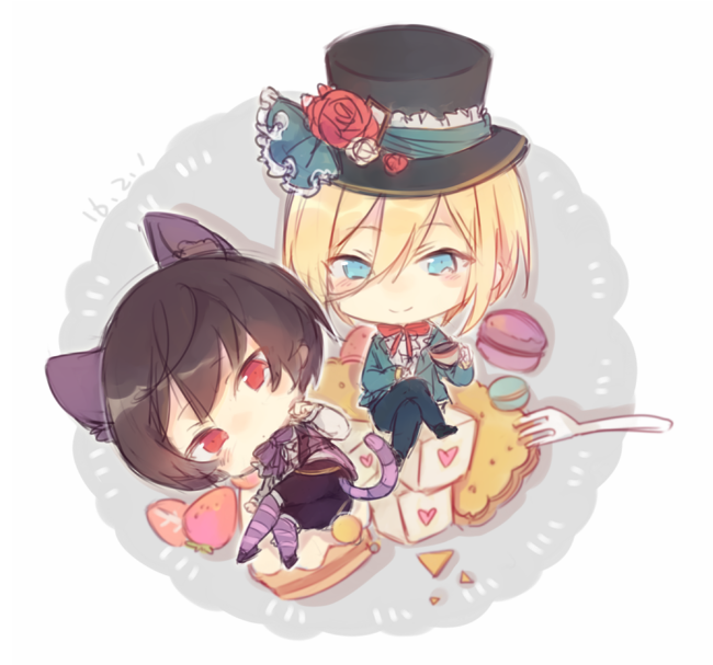 2boys, animal_ears, black_hair, blonde_hair, blue_eyes, cake, cat_ears, cat_tail