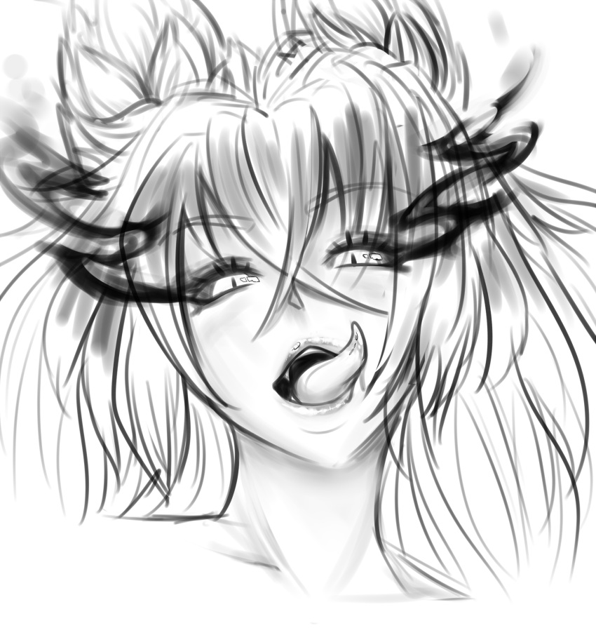 1girl, animal_ears, burning_eyes, eyebrows_visible_through_hair, fang, greyscale, hellhound, highres