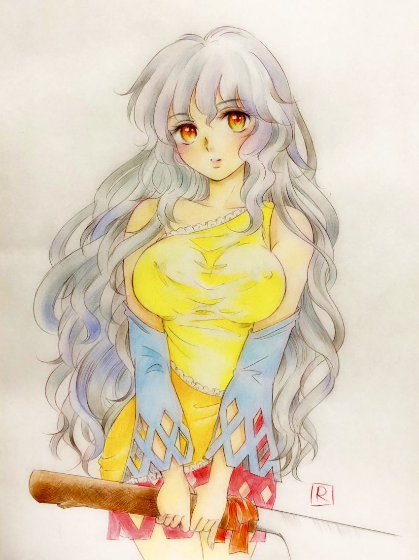 1girl, artist_name, bare_shoulders, breasts, cleaver, collarbone, commentary_request, cowboy_shot, detached_sleeves, dress, erect_nipples, eyebrows_visible_through_hair, eyelashes, frilled_dress, frills, gradient_eyes, grey_hair, highres, holding, holding_weapon, lace, lace-trimmed_dress, lace-trimmed_sleeves, large_breasts, long_hair, looking_at_viewer, messy_hair, multicolored, multicolored_clothes, multicolored_dress, multicolored_eyes, open_mouth, orange_eyes, pinky_out, q-bee_(aaru), red_ribbon, ribbon, sakata_nemuno, simple_background, single_strap, solo, standing, touhou, traditional_media, weapon, yellow_eyes