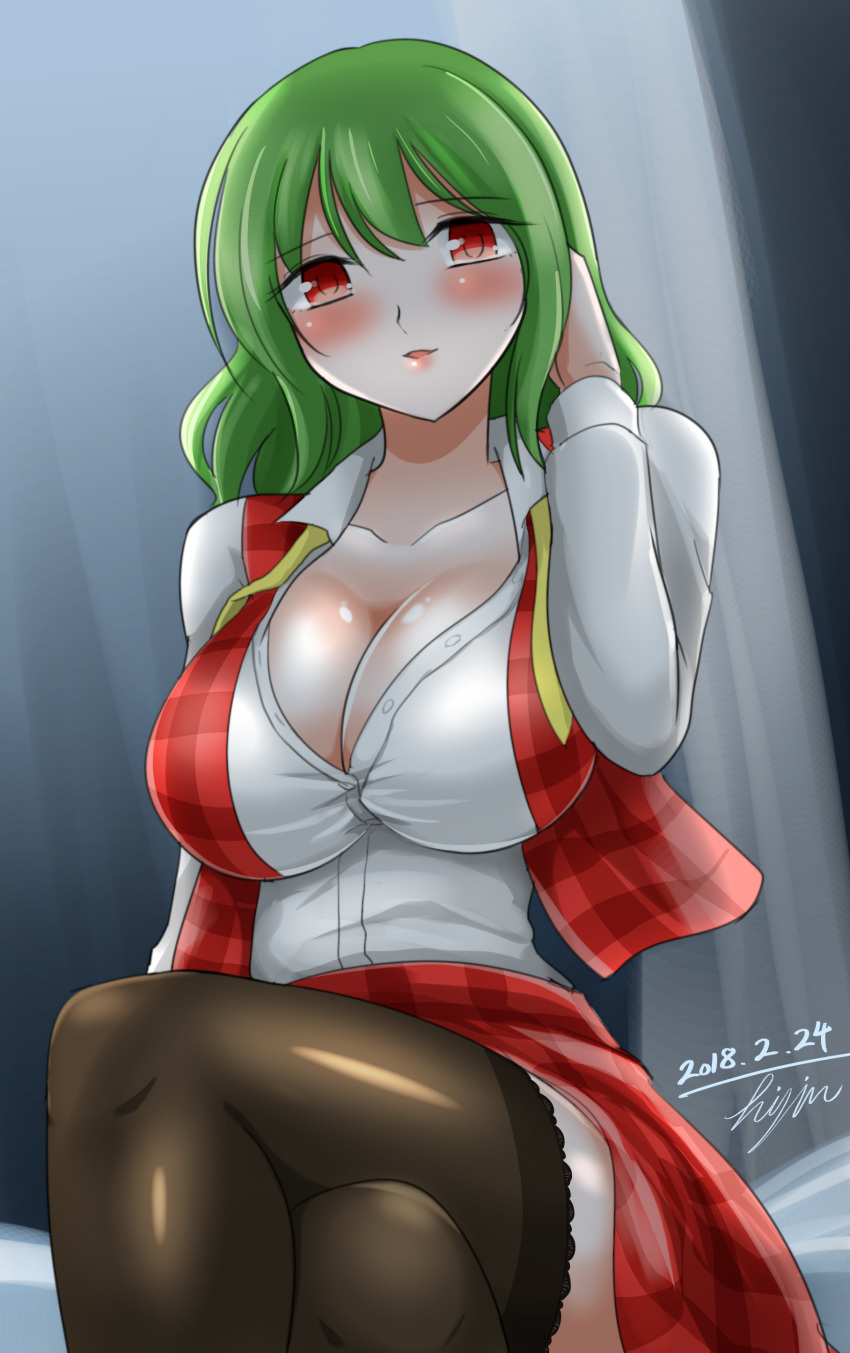 1girl, absurdres, adjusting_hair, black_legwear, blush, breasts, cleavage, dated