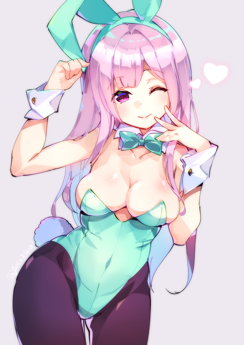1girl, ;), animal_ears, bangs, bare_shoulders, black_legwear, blush, breasts