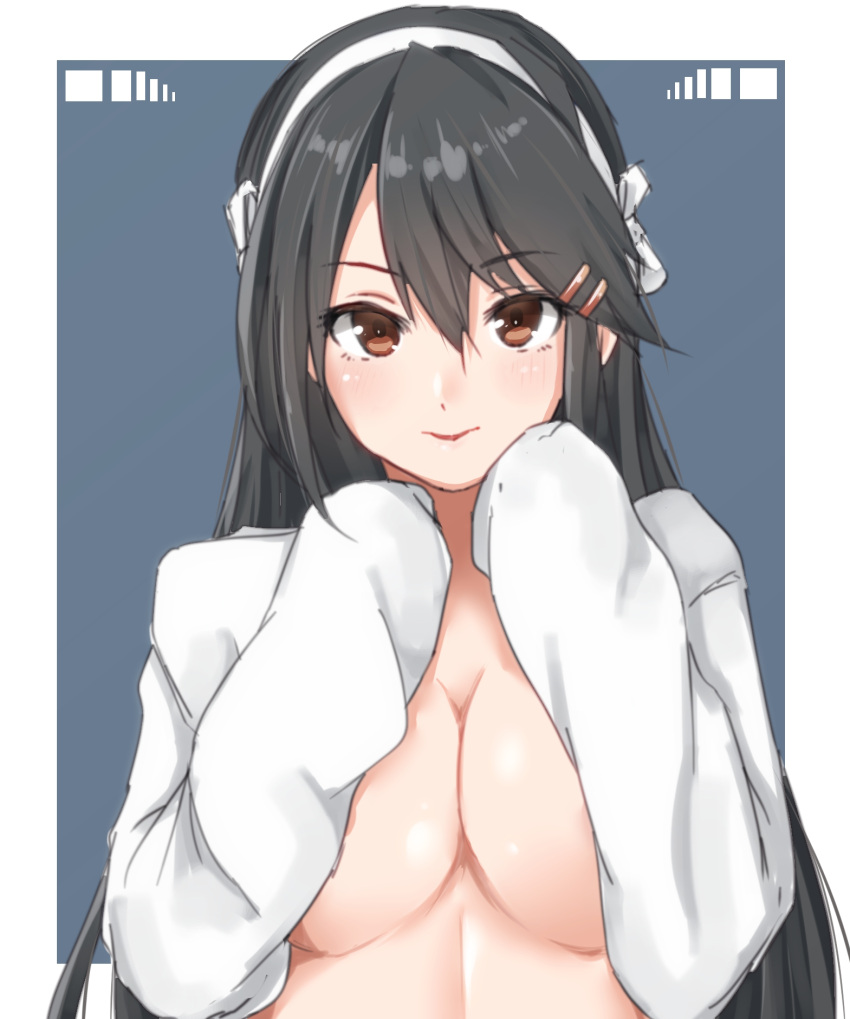 1girl, alternate_costume, ame-rain, black_hair, breasts, brown_eyes, hair_between_eyes, hair_ornament