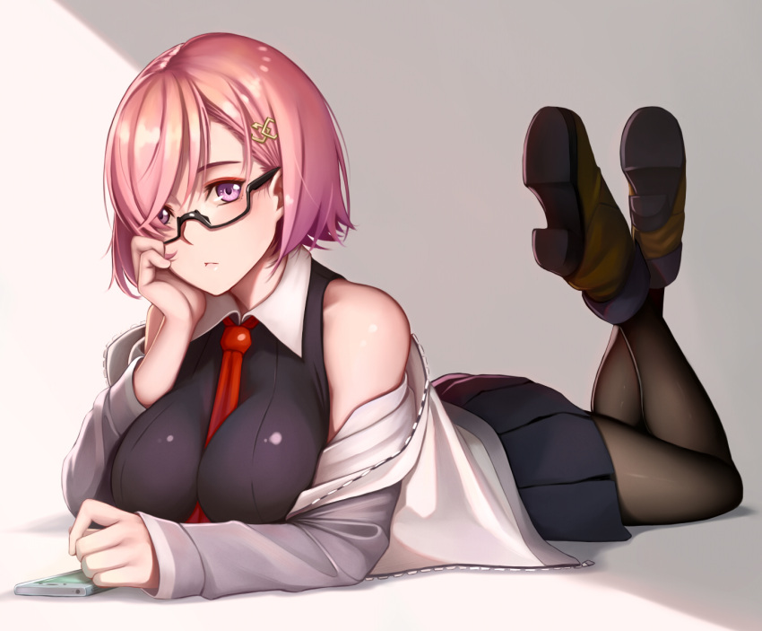 1girl, :<, ankle_boots, between_breasts, black-framed_eyewear, black_dress, black_legwear, boots