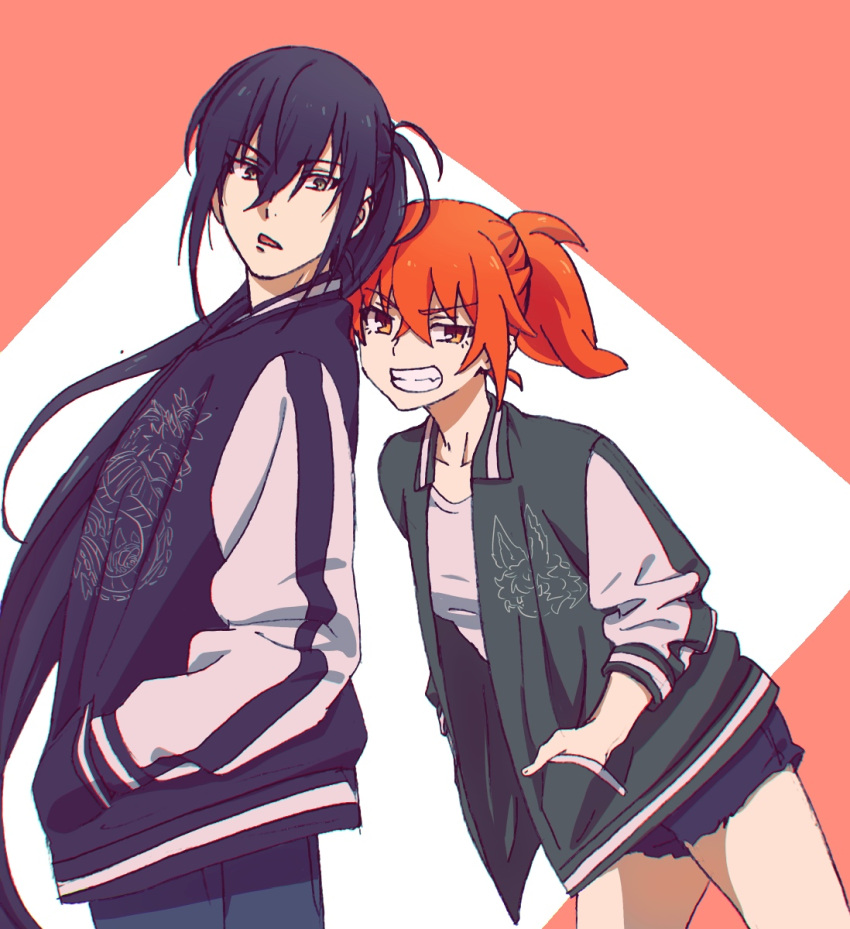 1boy, 1girl, alternate_costume, alternate_hairstyle, black_hair, commentary_request, denim, denim_shorts