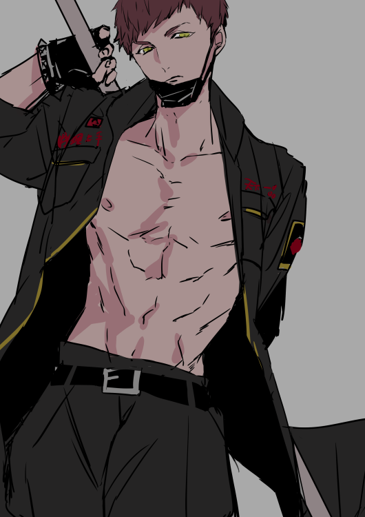 1boy, a3!, belt, collarbone, delinquent, fushimi_omi, grey_background, holding