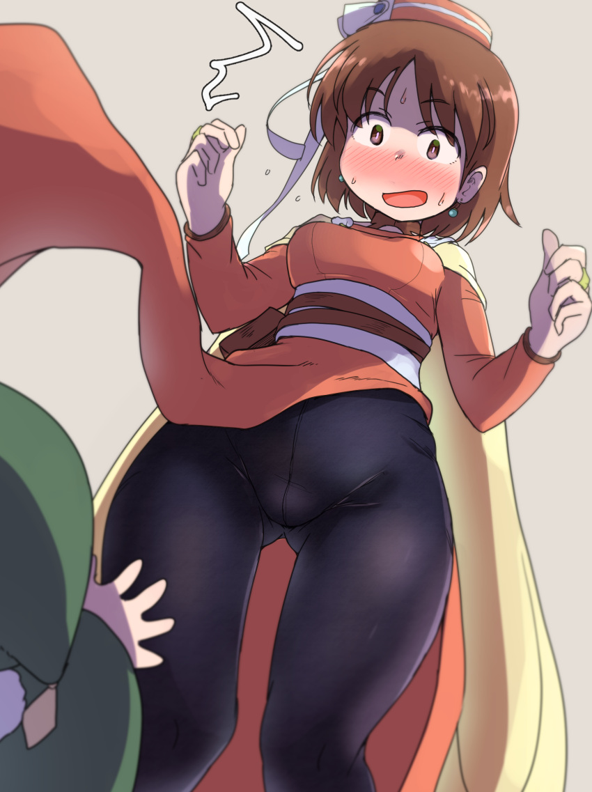 1boy, 1girl, :o, atelier_(series), atelier_elie, black_legwear, blush, brown_eyes, brown_hair, cowboy_shot, dress, elfir_traum, embarrassed, from_below, grey_background, hat, height_difference, highres, houtei_kara, open_mouth, orange_dress, orange_hat, ribbon, short_hair, sweat, upskirt, white_ribbon, wide-eyed, yellow_cape, yousei_(atelier_elie)