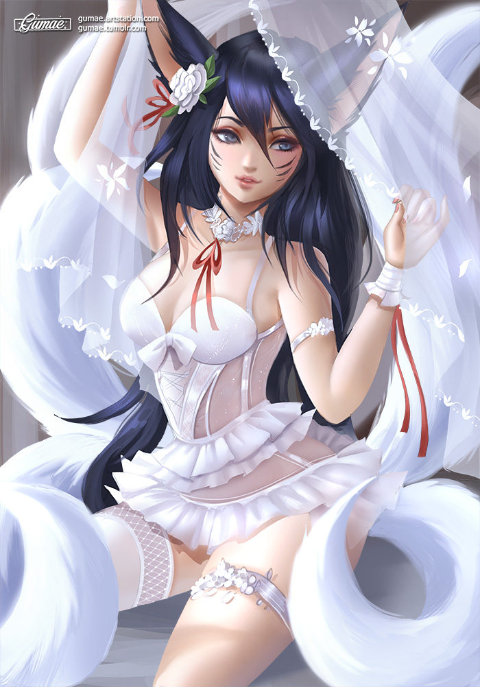 1girl, ahri, animal_ears, black_hair, blue_eyes, bridal_veil, facial_mark, flower